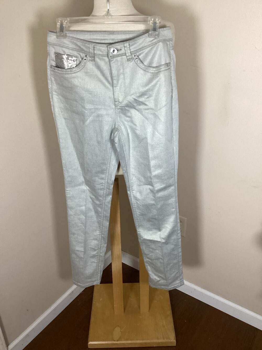 Joseph Ribkoff Silver Metallic Coated Straight Leg Pants with Sequined Pocket De